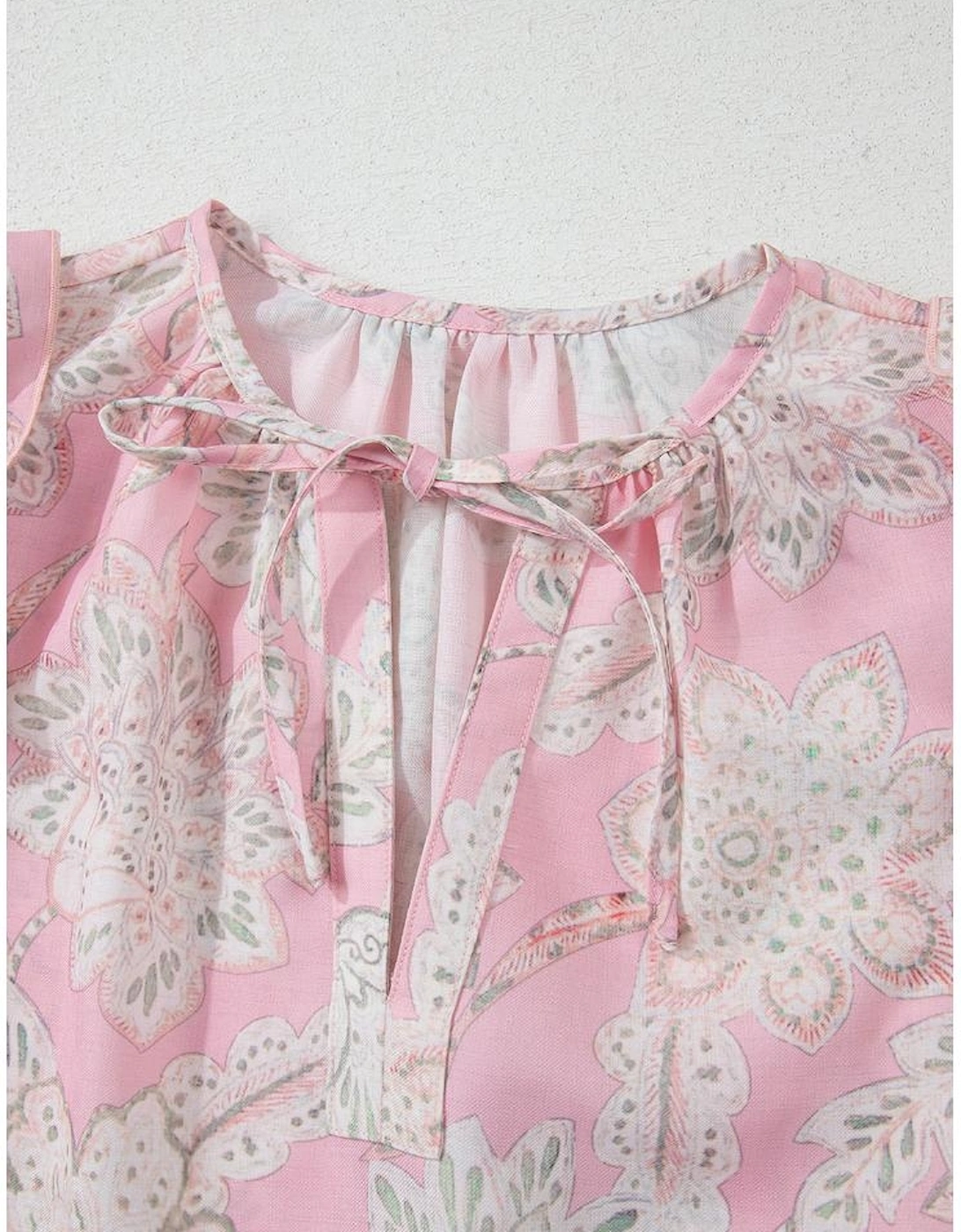 Pink Floral Print Drawstring V Neck Puff Sleeve Loose Blouse