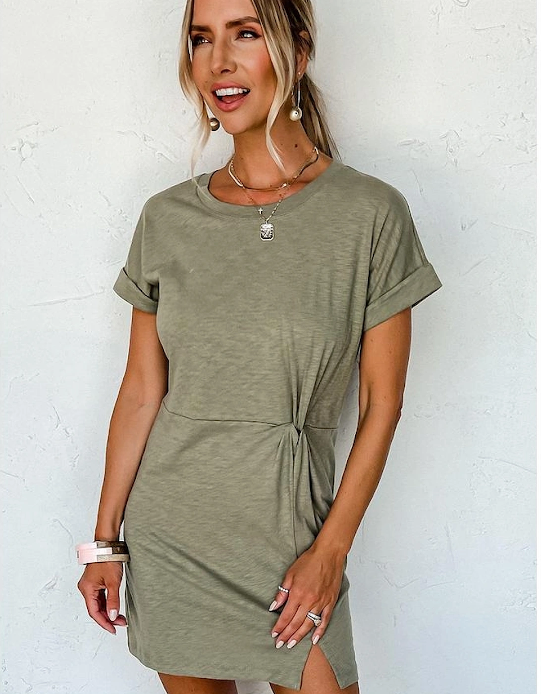 Laurel Green Folded Sleeve Twisted Mini T-Shirt Dress