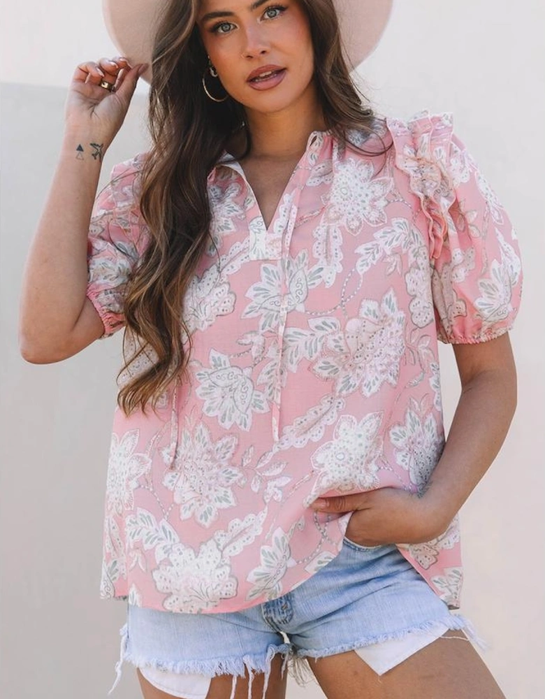 Pink Floral Print Drawstring V Neck Puff Sleeve Loose Blouse
