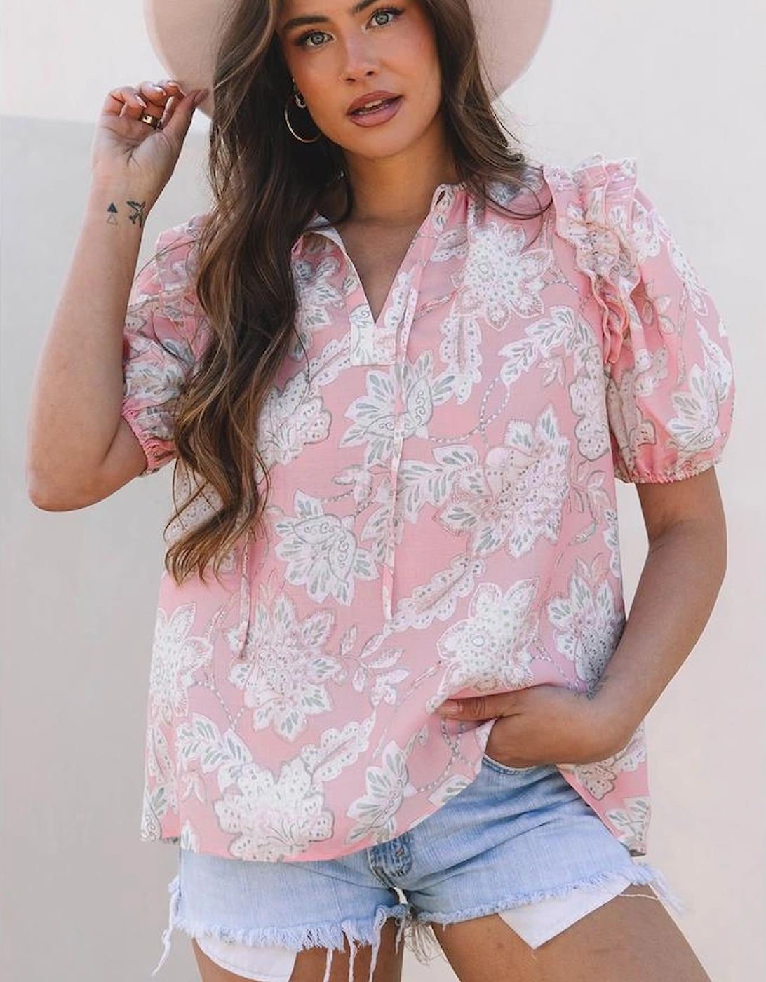 Pink Floral Print Drawstring V Neck Puff Sleeve Loose Blouse