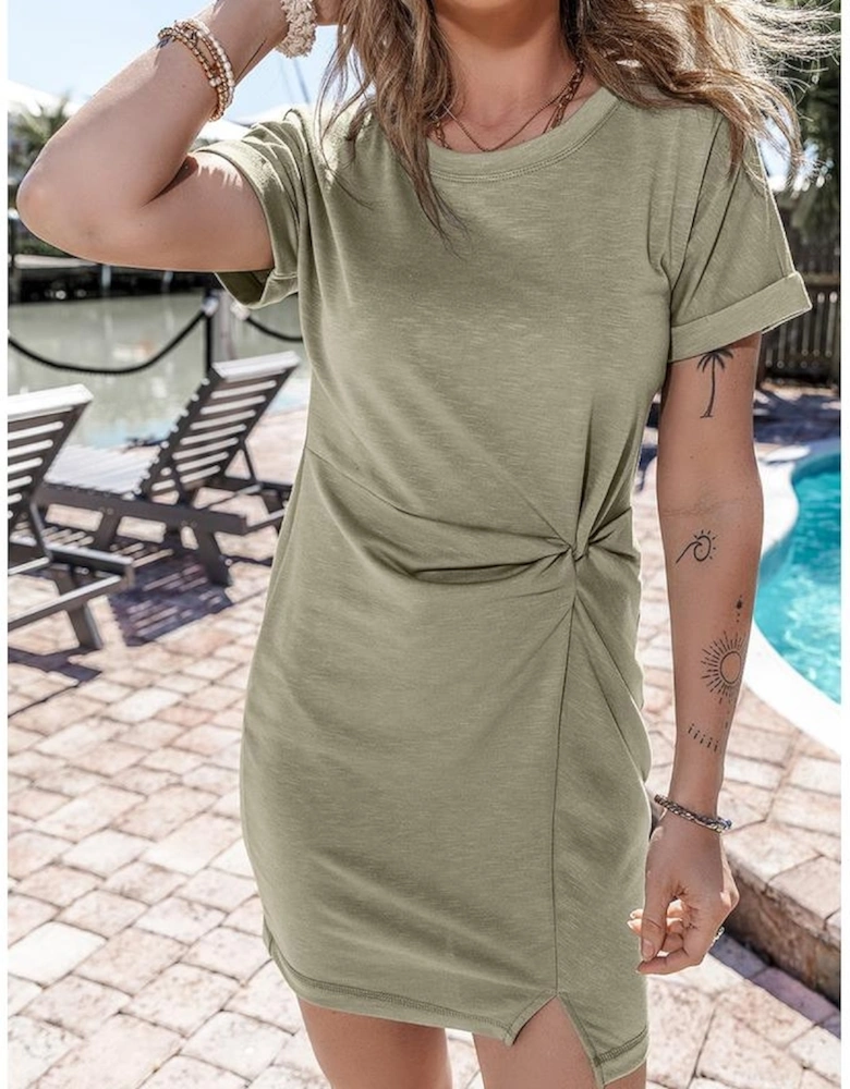 Laurel Green Folded Sleeve Twisted Mini T-Shirt Dress