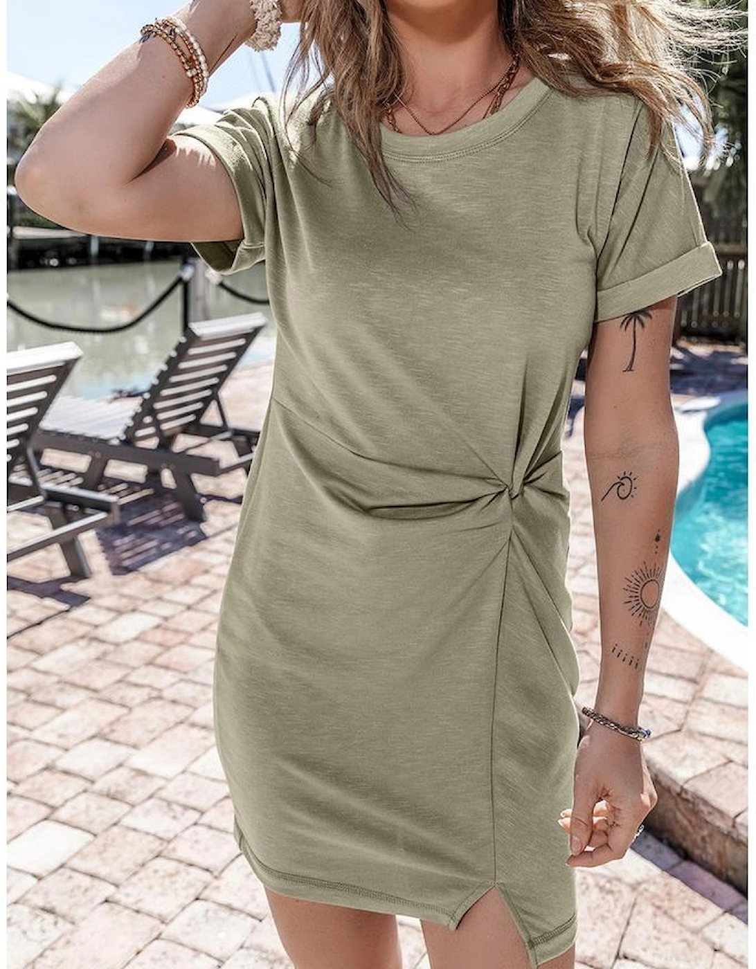 Laurel Green Folded Sleeve Twisted Mini T-Shirt Dress