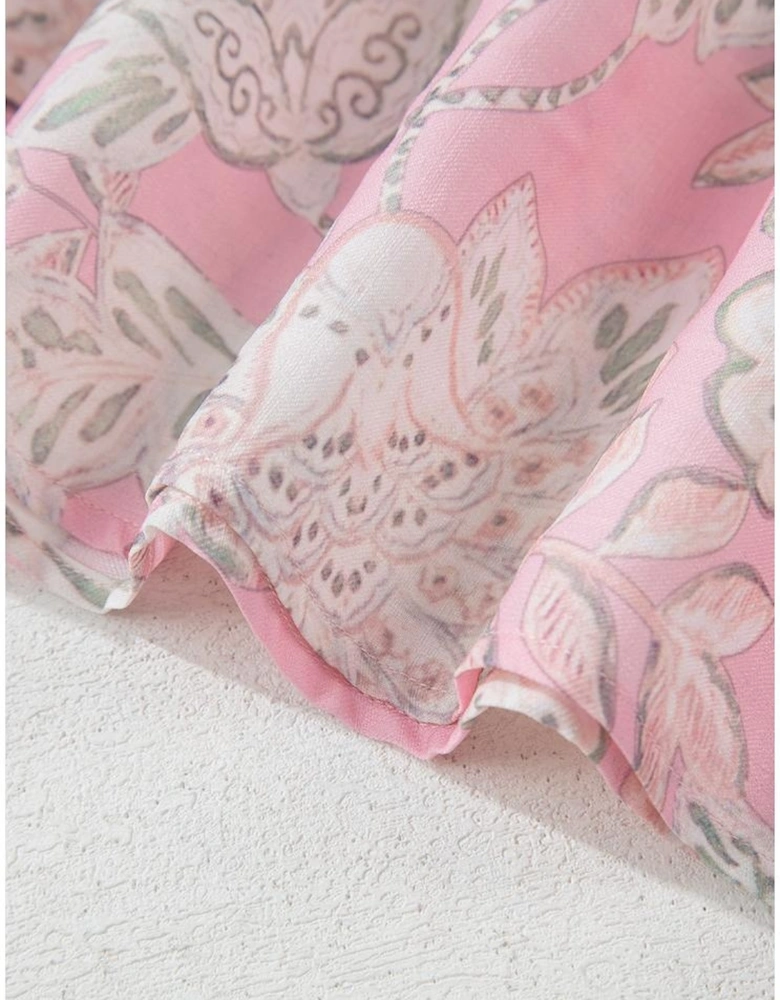 Pink Floral Print Drawstring V Neck Puff Sleeve Loose Blouse