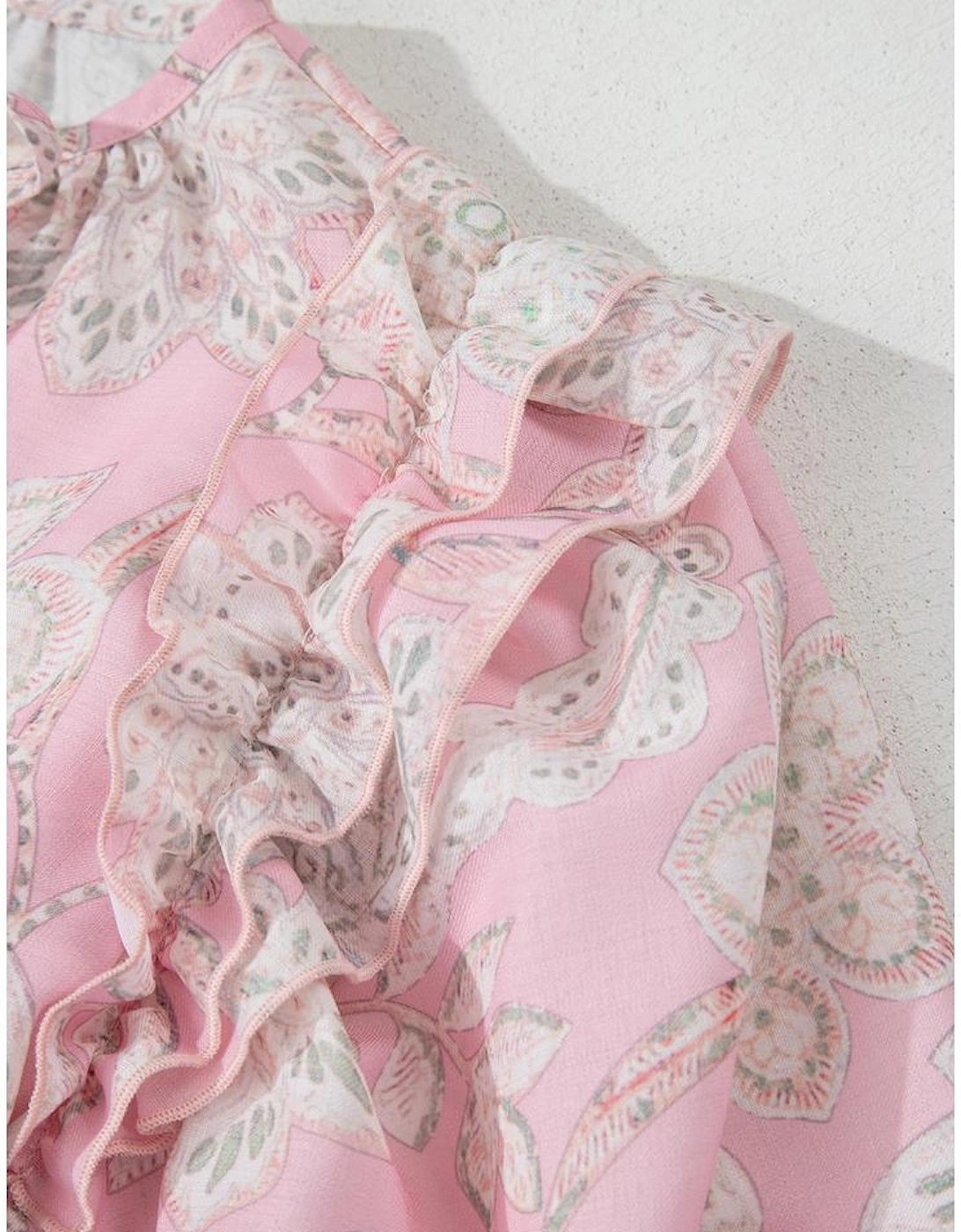 Pink Floral Print Drawstring V Neck Puff Sleeve Loose Blouse