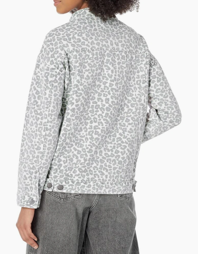 White Leopard Printed Flap Pocket Denim Jacket