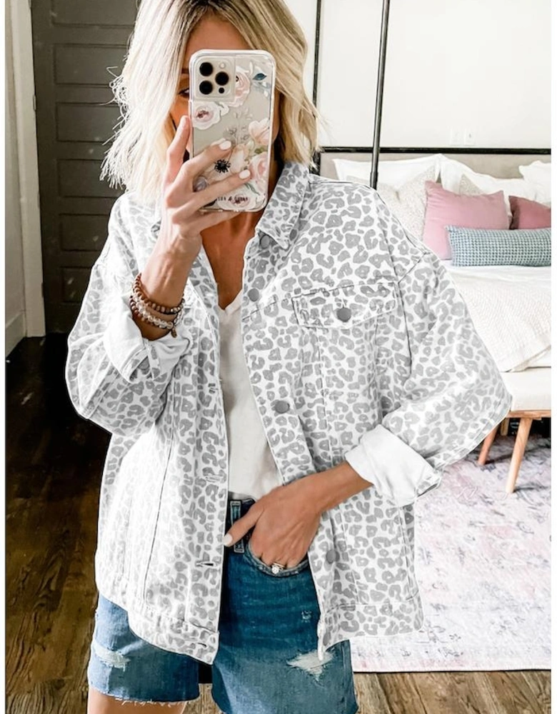 White Leopard Printed Flap Pocket Denim Jacket