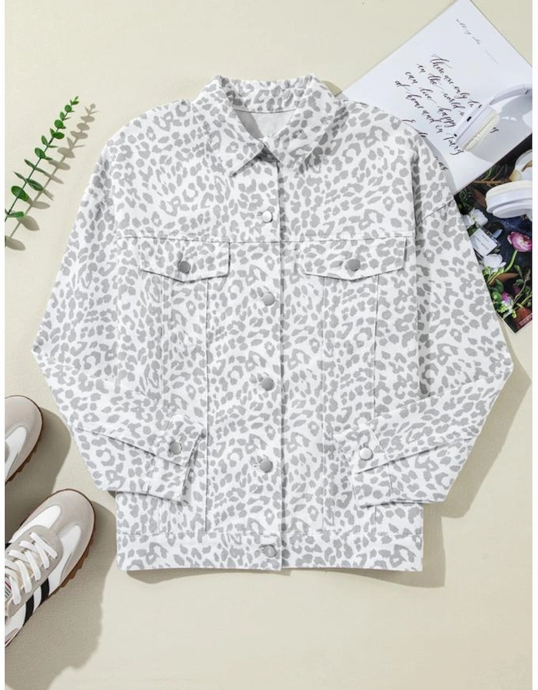 White Leopard Printed Flap Pocket Denim Jacket