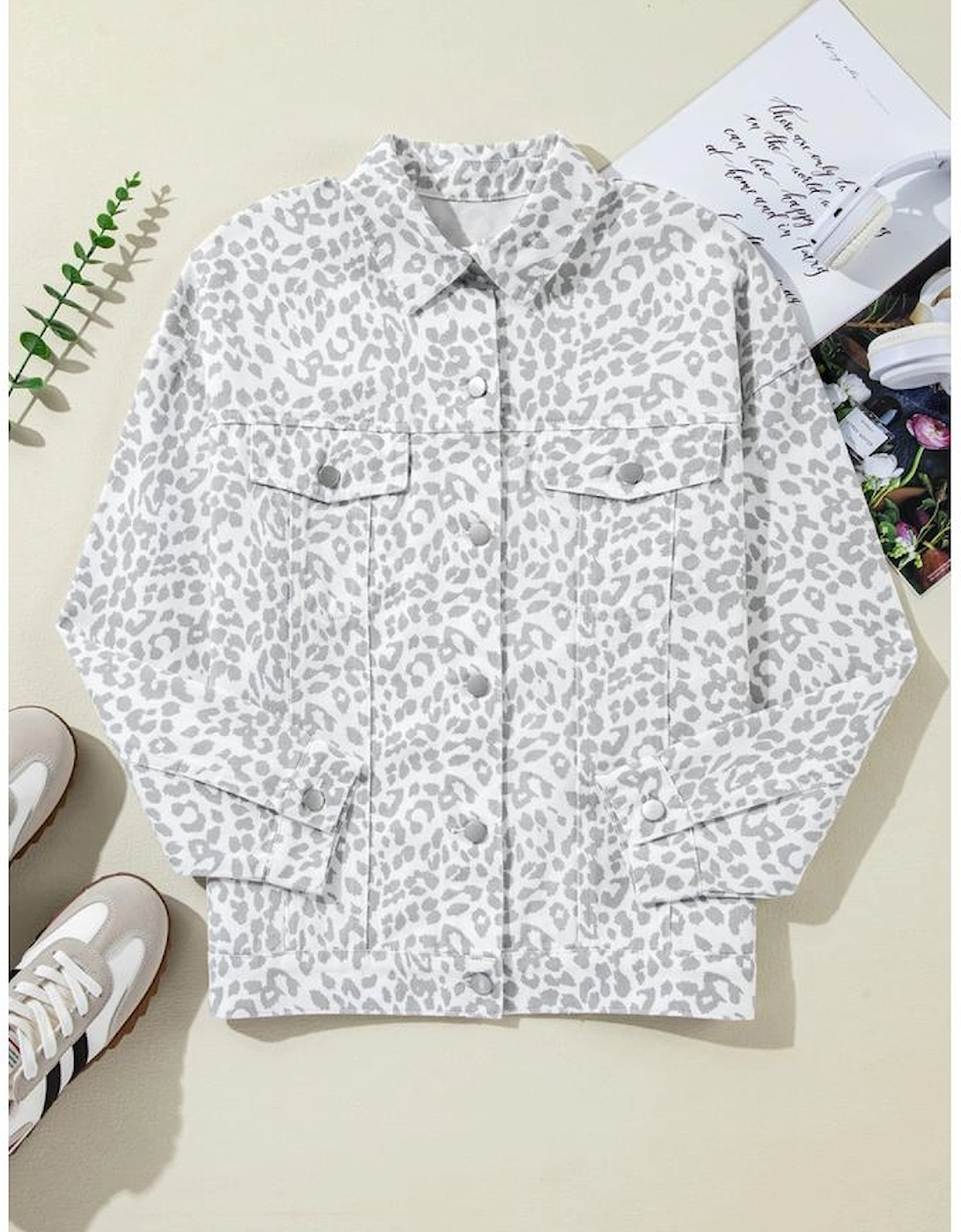 White Leopard Printed Flap Pocket Denim Jacket