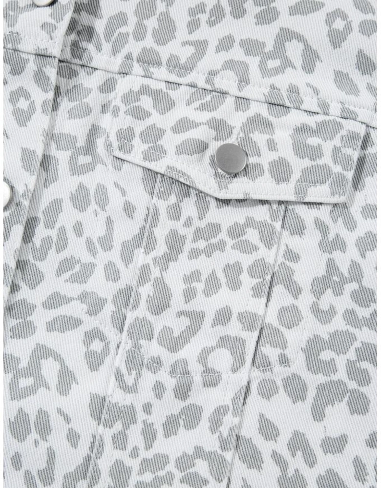White Leopard Printed Flap Pocket Denim Jacket