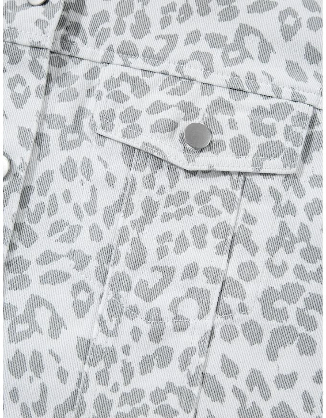 White Leopard Printed Flap Pocket Denim Jacket