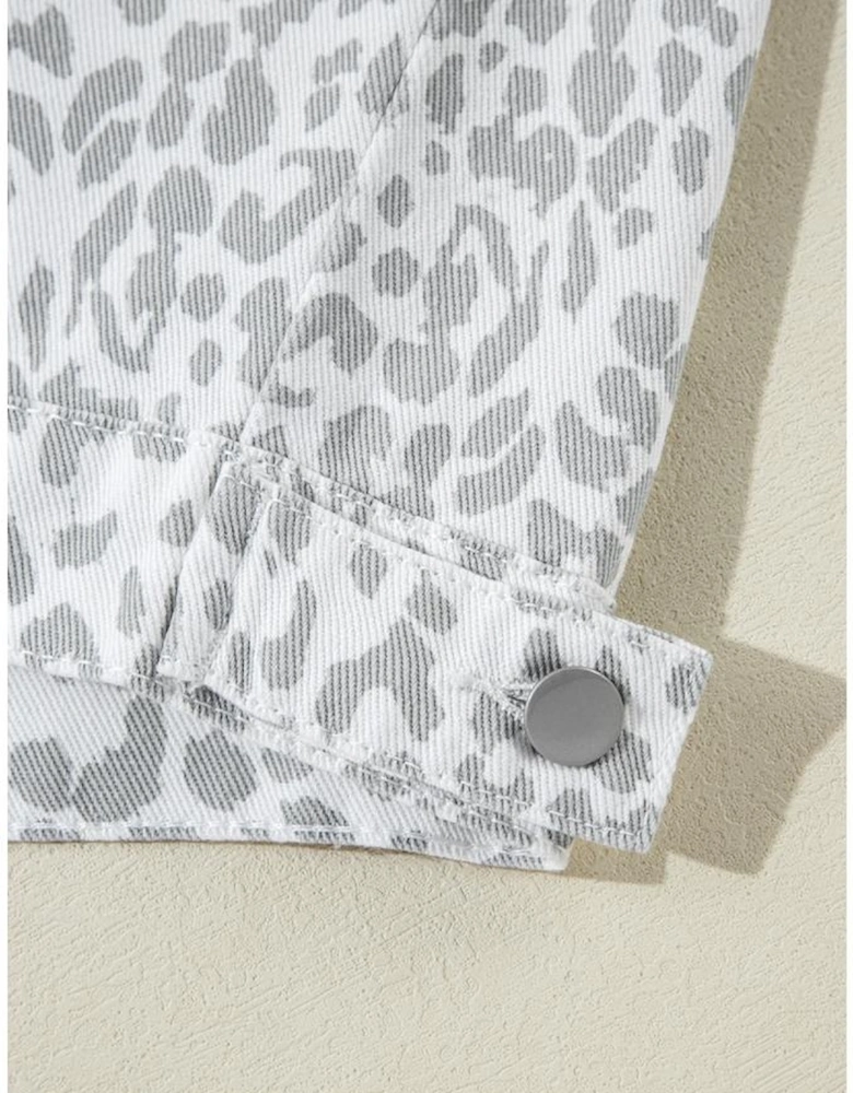 White Leopard Printed Flap Pocket Denim Jacket