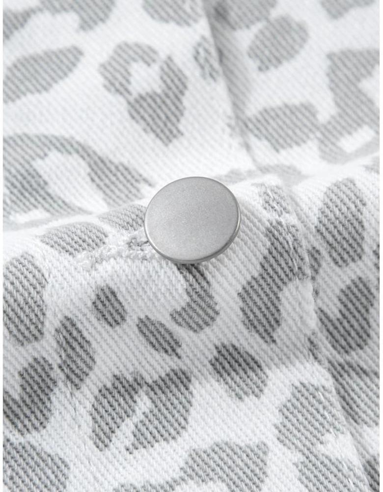 White Leopard Printed Flap Pocket Denim Jacket