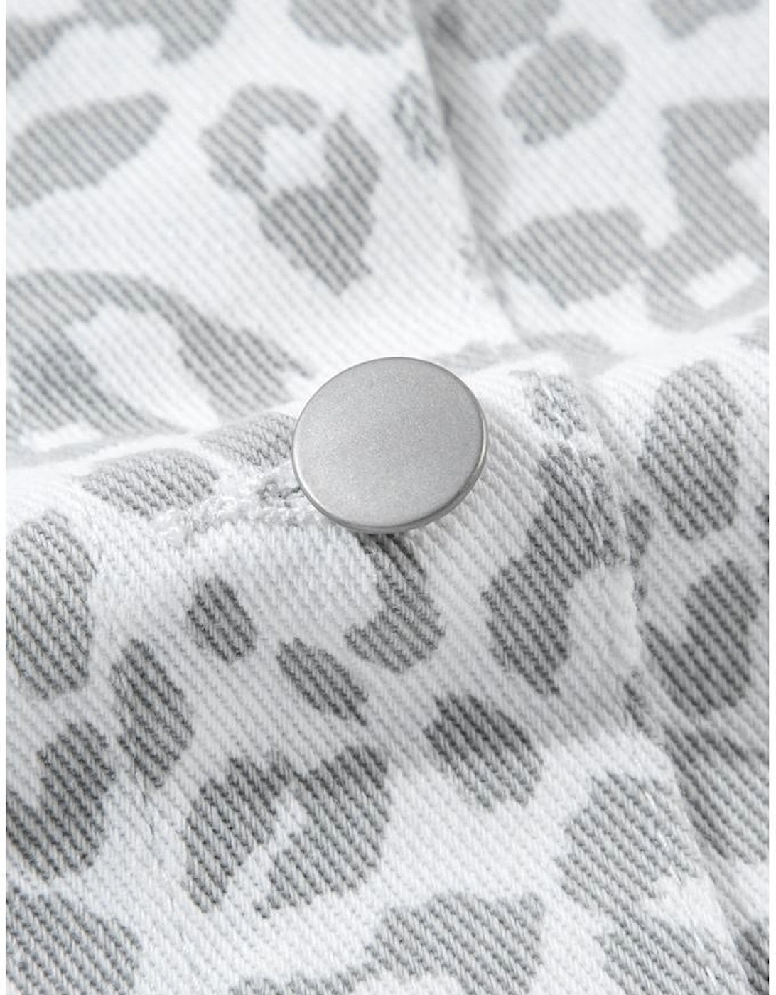 White Leopard Printed Flap Pocket Denim Jacket