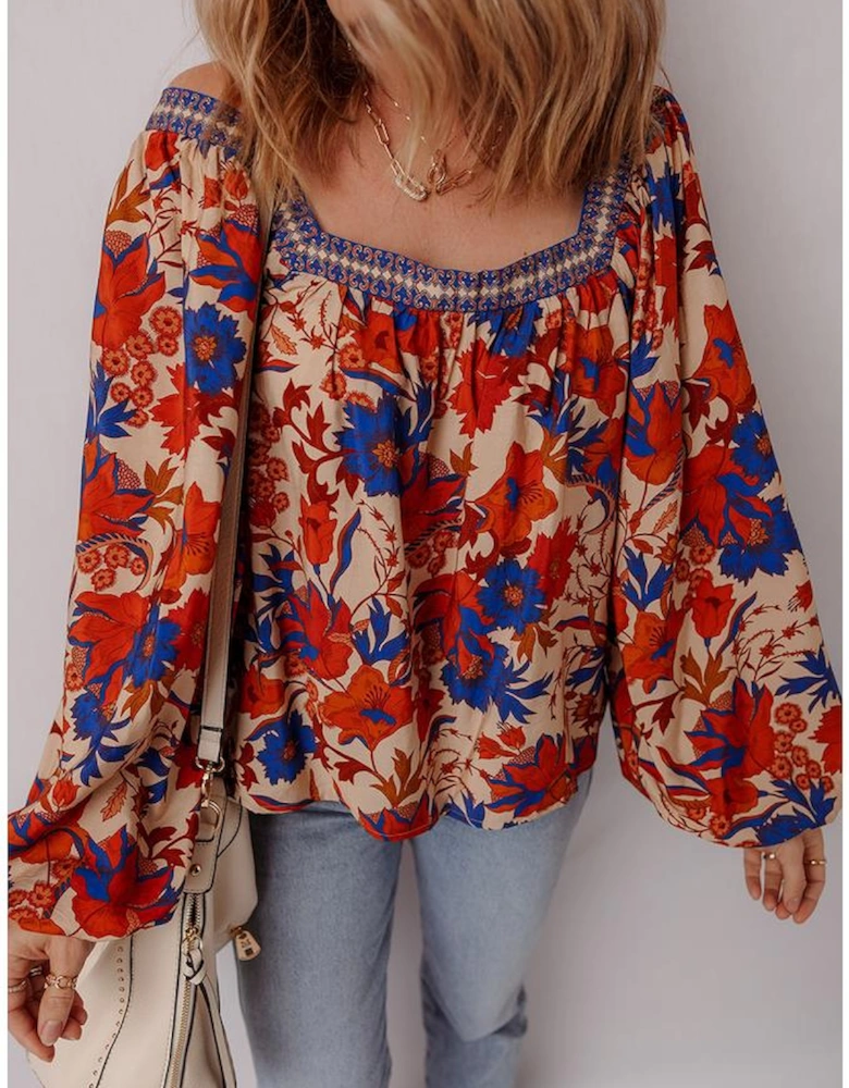 Multicolour Floral Print Square Neck Backless Loose Fit Blouse