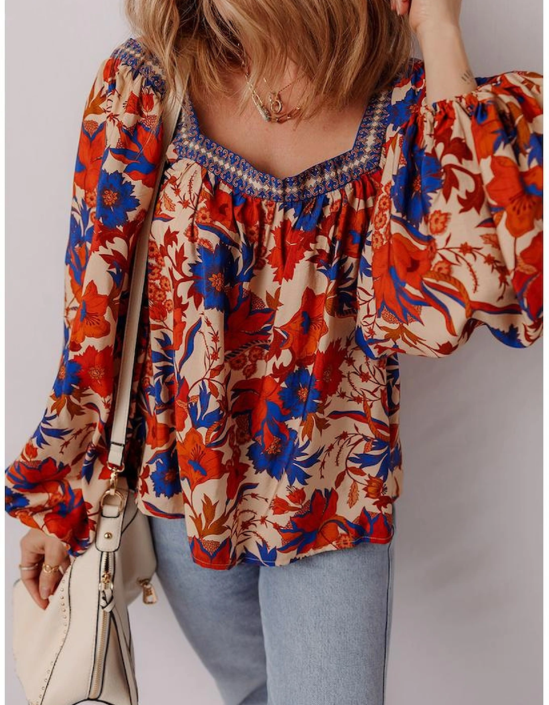 Multicolour Floral Print Square Neck Backless Loose Fit Blouse