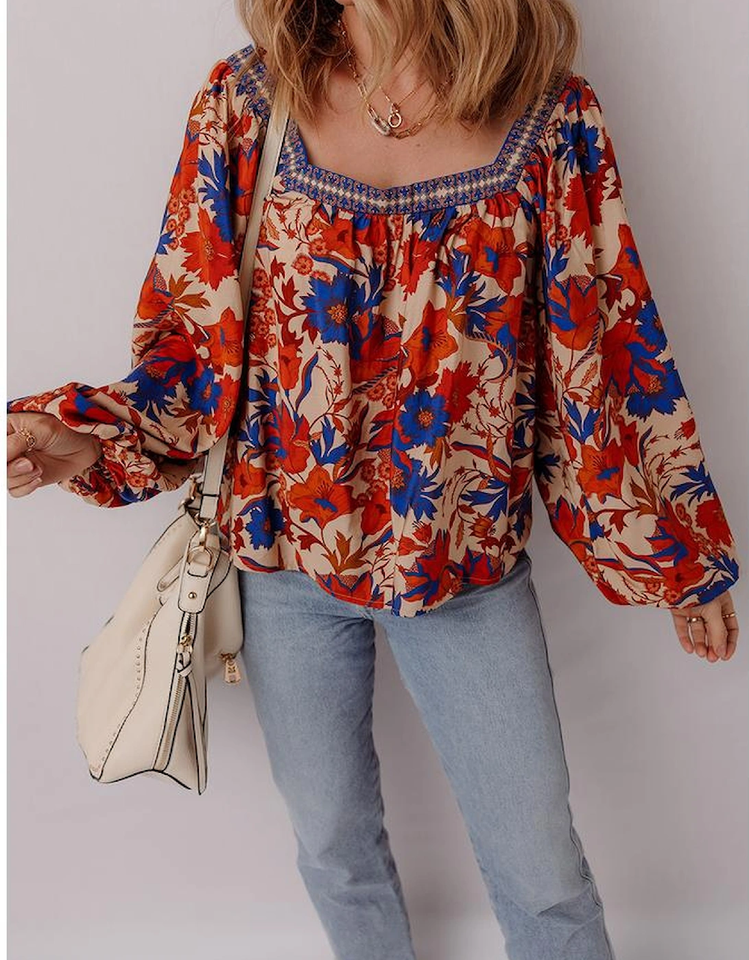 Multicolour Floral Print Square Neck Backless Loose Fit Blouse