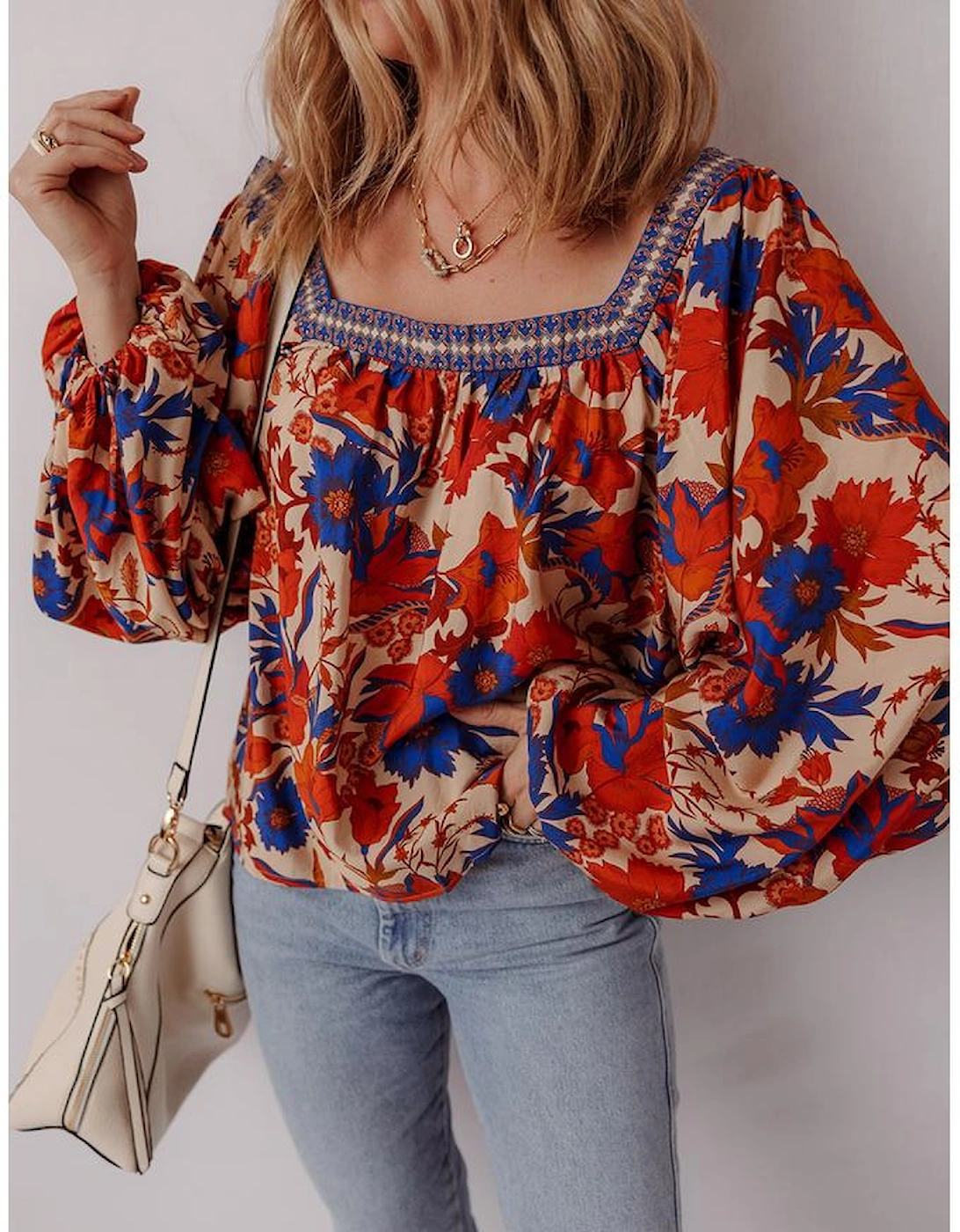 Multicolour Floral Print Square Neck Backless Loose Fit Blouse