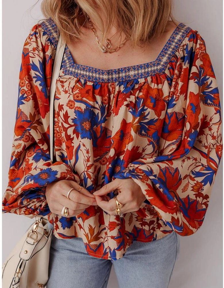 Multicolour Floral Print Square Neck Backless Loose Fit Blouse