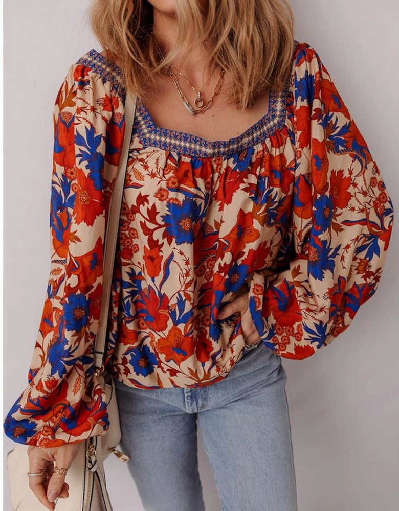 Multicolour Floral Print Square Neck Backless Loose Fit Blouse