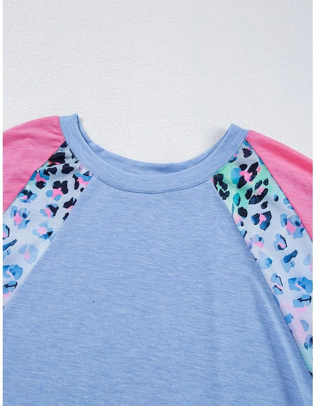 Sky Blue Leopard Print Patch Colorblock Plus Size T Shirt