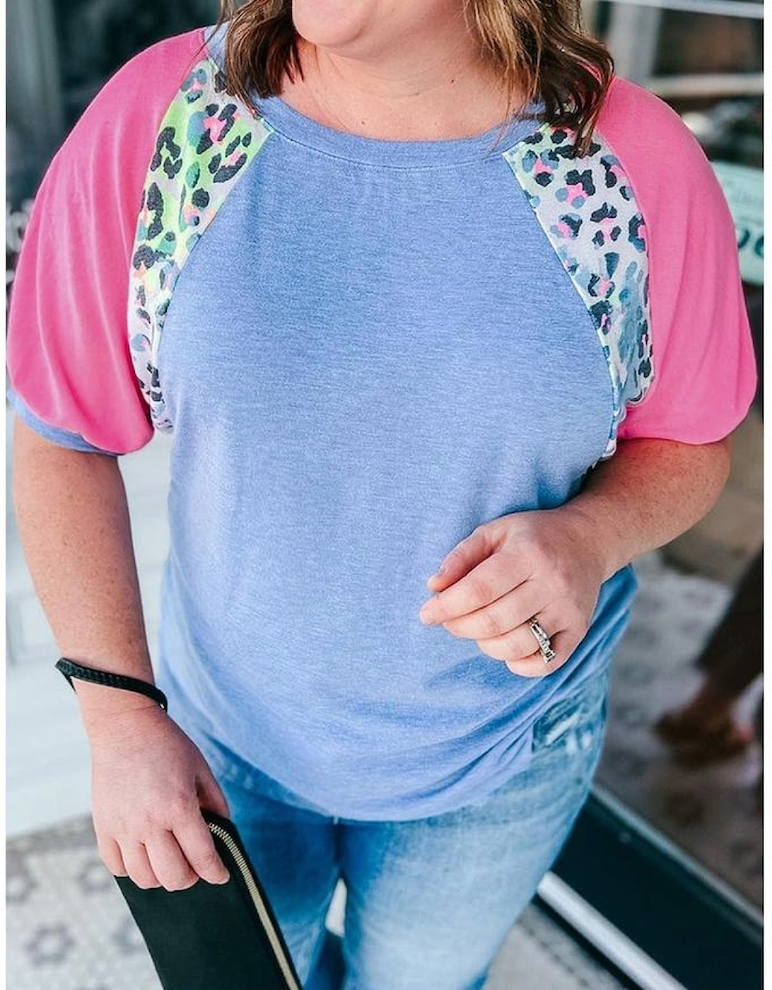 Sky Blue Leopard Print Patch Colorblock Plus Size T Shirt