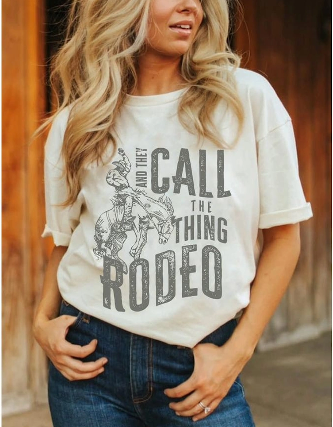 White AND THEY CALL THE THING RODEO Print Round Neck T Shirt, 8 of 7