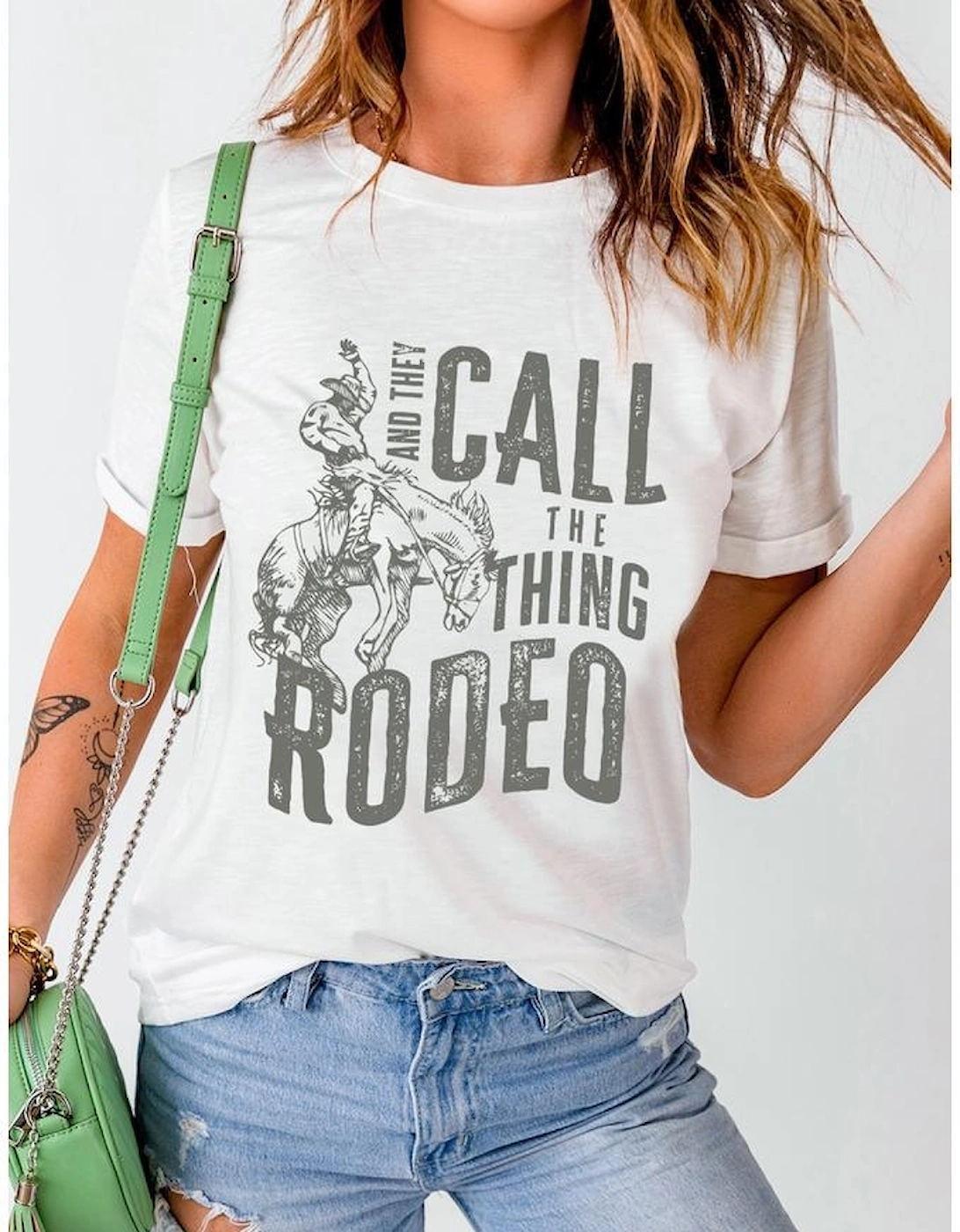 White AND THEY CALL THE THING RODEO Print Round Neck T Shirt