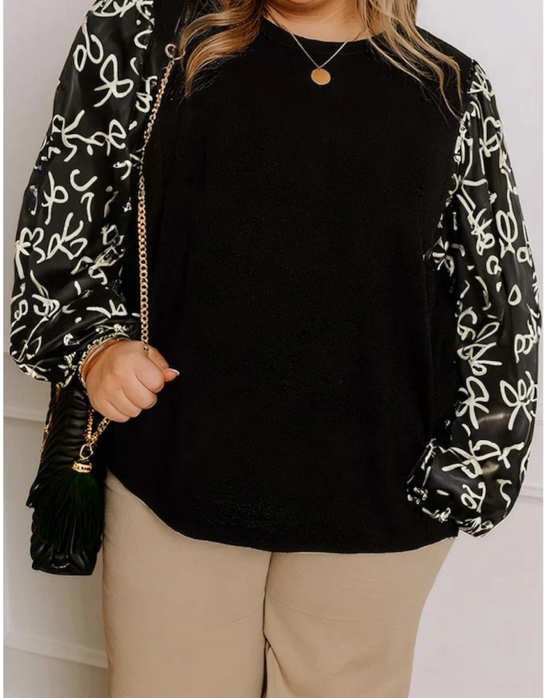Black Bow Knot Patchwork Crewneck Plus Size Blouse