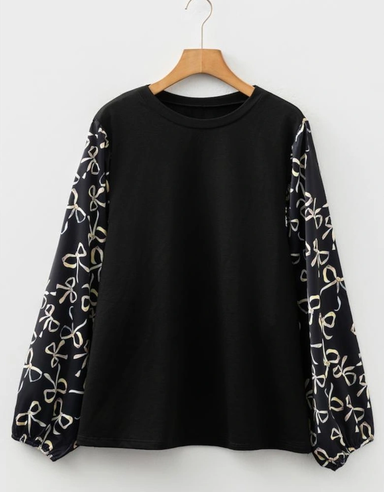 Black Bow Knot Patchwork Crewneck Plus Size Blouse