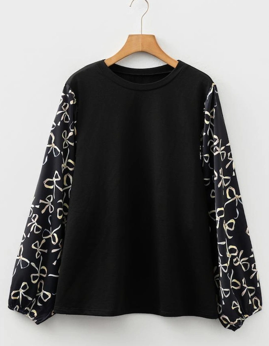 Black Bow Knot Patchwork Crewneck Plus Size Blouse