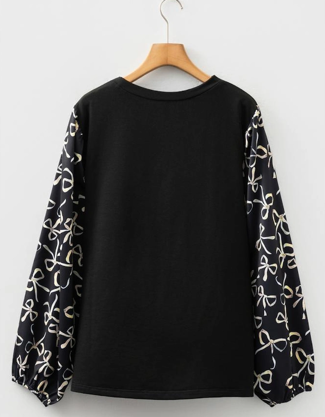 Black Bow Knot Patchwork Crewneck Plus Size Blouse