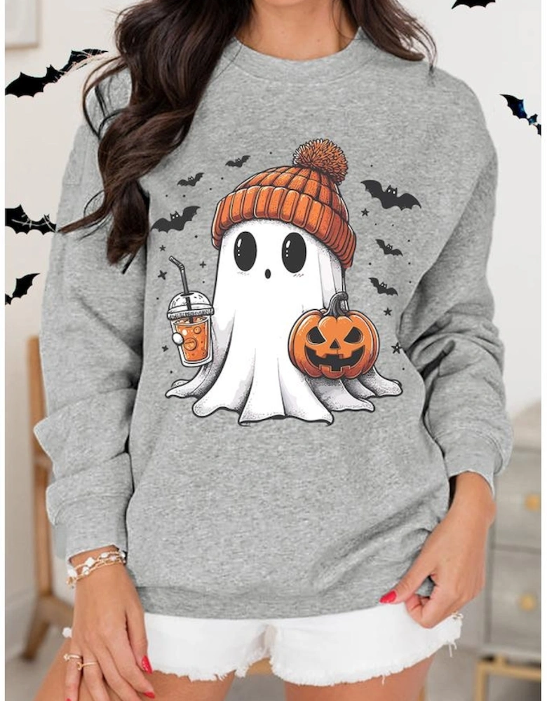 Gray Halloween Ghost Print Crewneck Drop Shoulder Sweatshirt