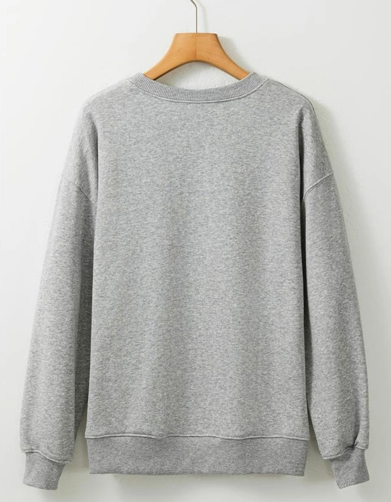 Gray Halloween Ghost Print Crewneck Drop Shoulder Sweatshirt