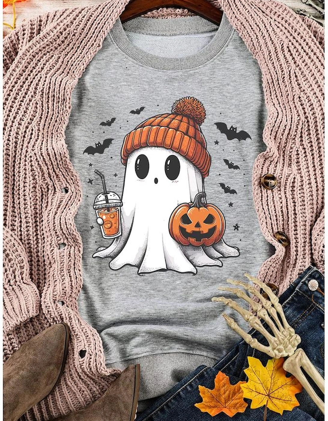 Gray Halloween Ghost Print Crewneck Drop Shoulder Sweatshirt