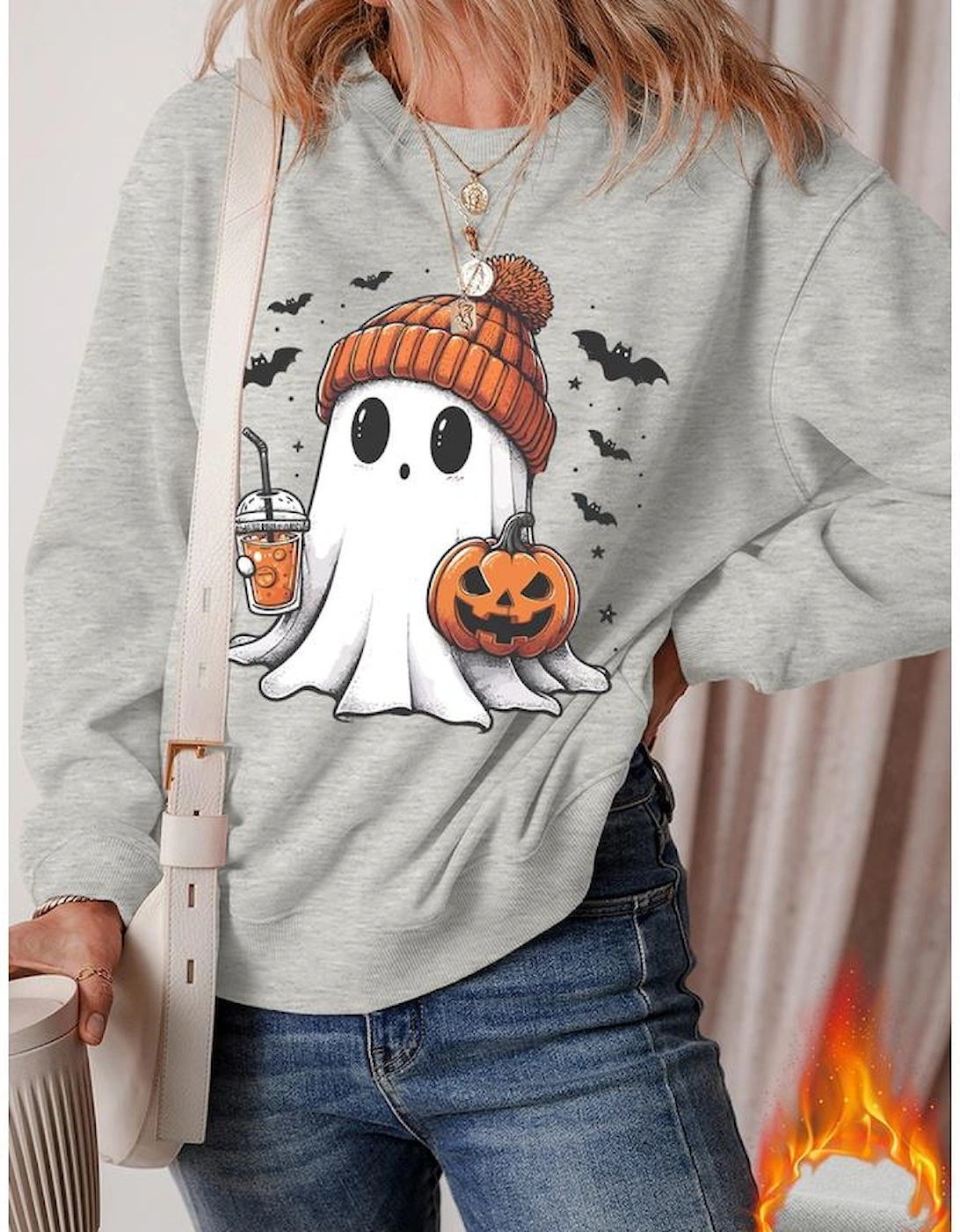 Gray Halloween Ghost Print Crewneck Drop Shoulder Sweatshirt