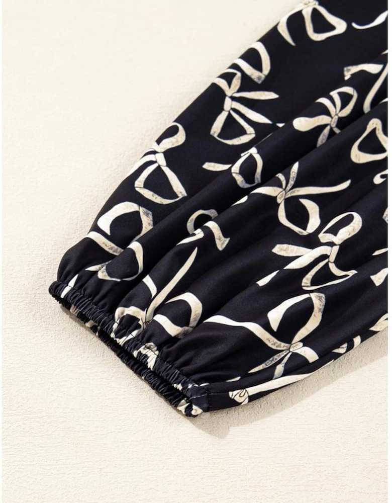 Black Bow Knot Patchwork Crewneck Plus Size Blouse