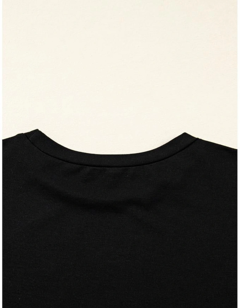 Black Bow Knot Patchwork Crewneck Plus Size Blouse