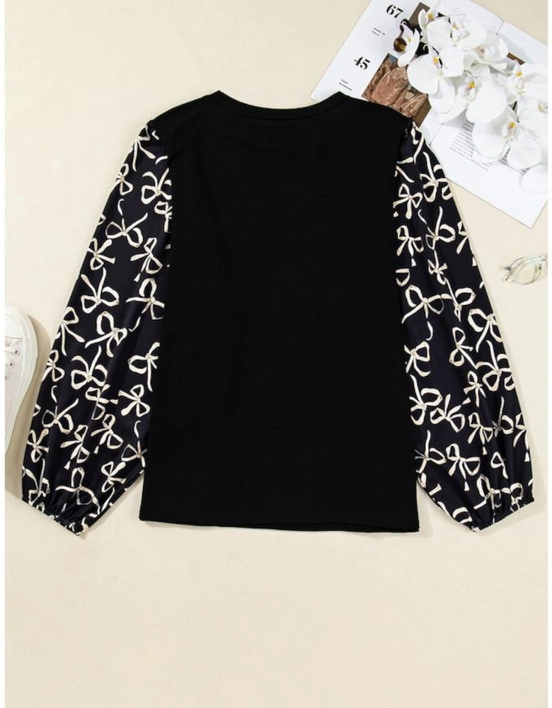 Black Bow Knot Patchwork Crewneck Plus Size Blouse