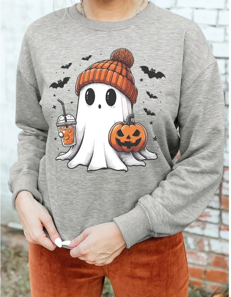 Gray Halloween Ghost Print Crewneck Drop Shoulder Sweatshirt