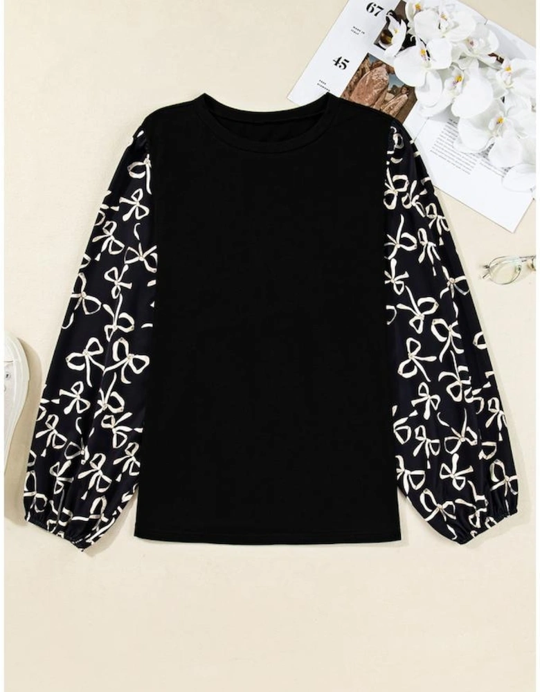 Black Bow Knot Patchwork Crewneck Plus Size Blouse