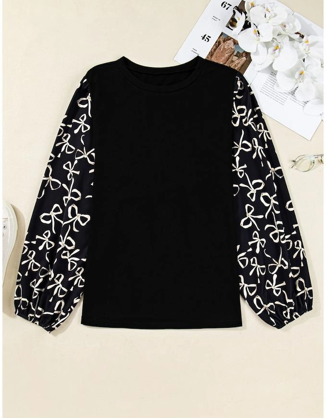 Black Bow Knot Patchwork Crewneck Plus Size Blouse