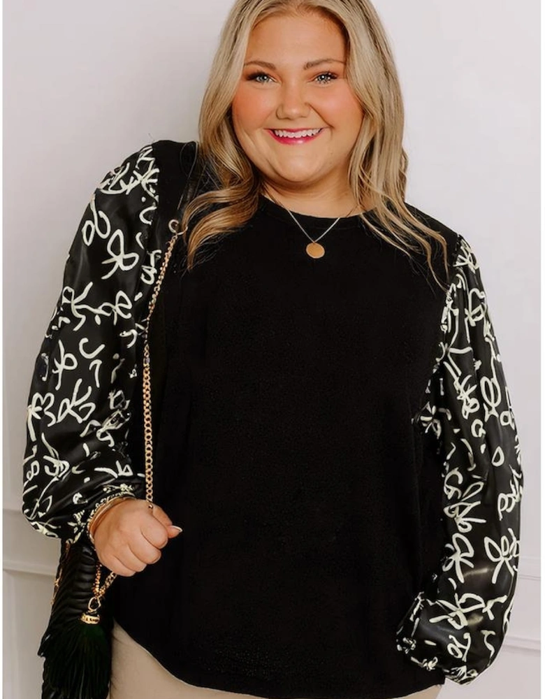 Black Bow Knot Patchwork Crewneck Plus Size Blouse