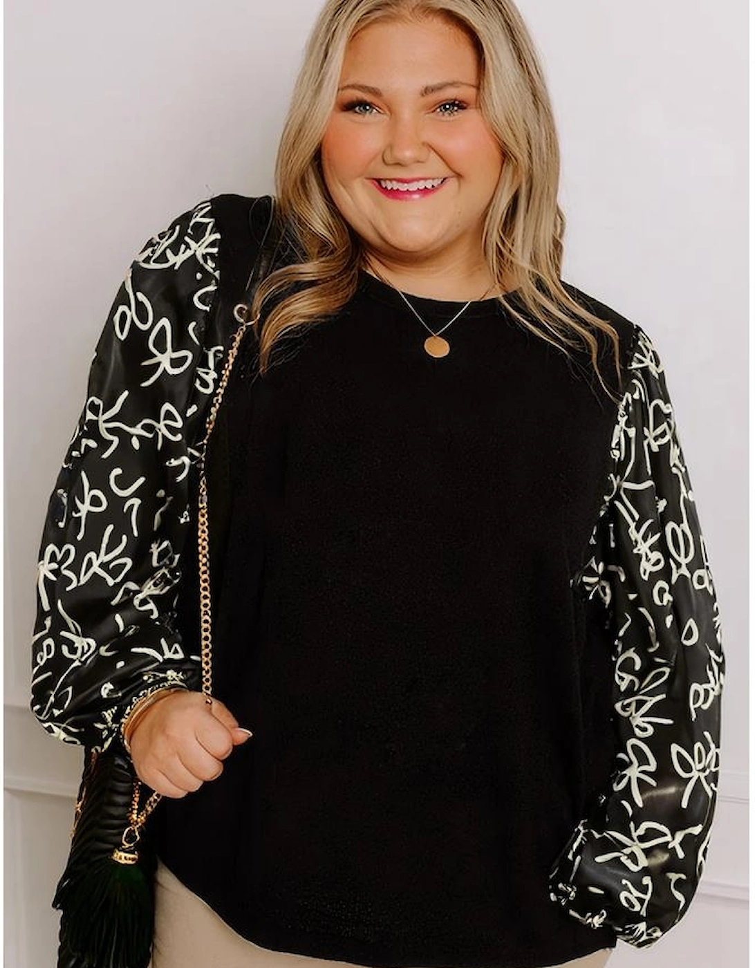 Black Bow Knot Patchwork Crewneck Plus Size Blouse