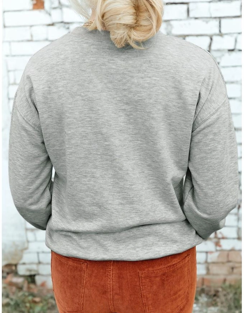 Gray Halloween Ghost Print Crewneck Drop Shoulder Sweatshirt