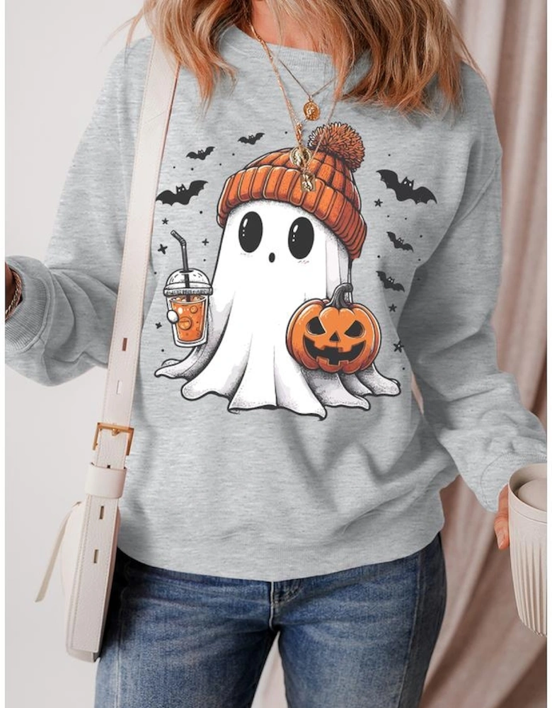 Gray Halloween Ghost Print Crewneck Drop Shoulder Sweatshirt
