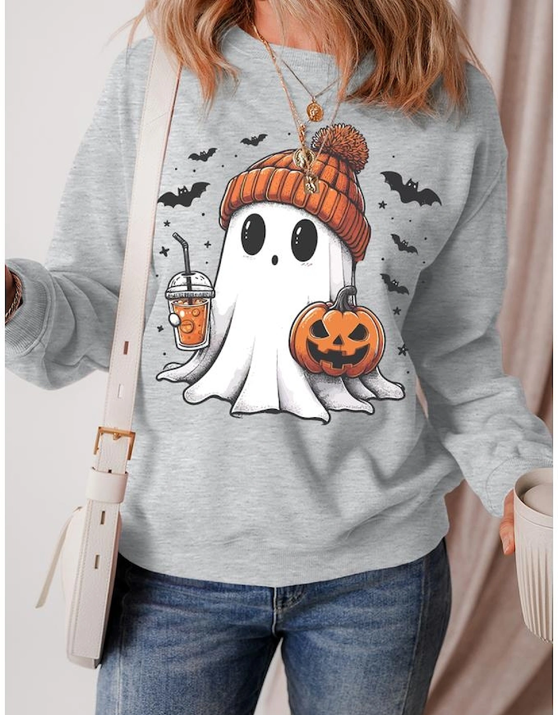 Gray Halloween Ghost Print Crewneck Drop Shoulder Sweatshirt