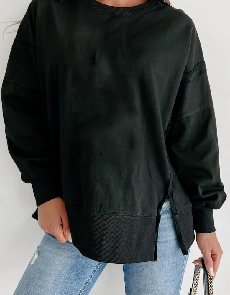 Black Exposed Seam Drop Shoulder Round Neck Sweatshirt with Slits