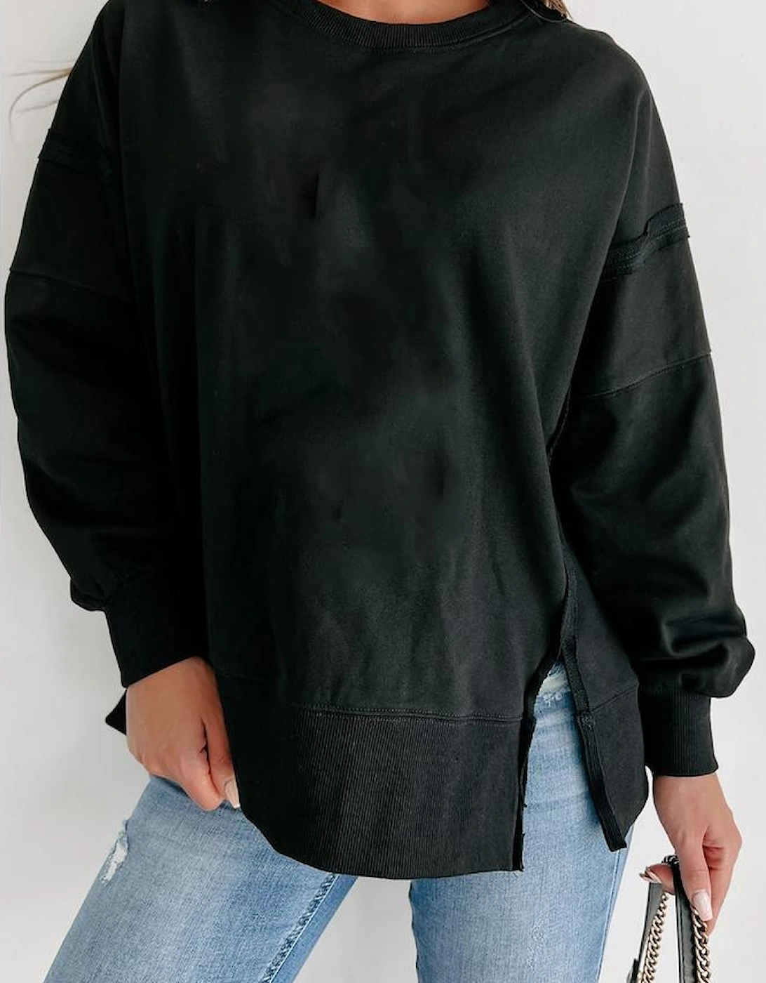Black Exposed Seam Drop Shoulder Round Neck Sweatshirt with Slits, 14 of 13