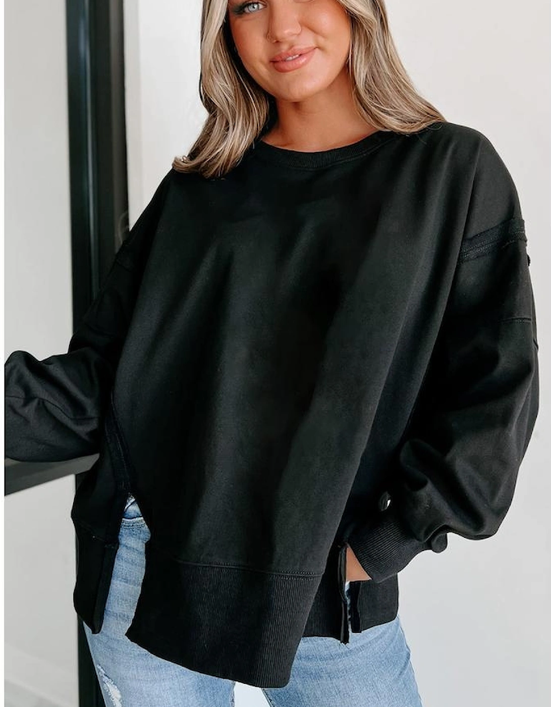 Black Exposed Seam Drop Shoulder Round Neck Sweatshirt with Slits