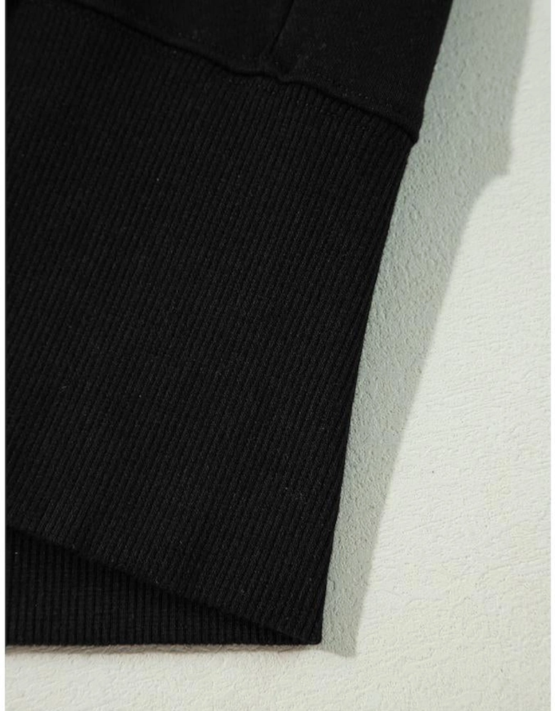 Black Exposed Seam Drop Shoulder Round Neck Sweatshirt with Slits